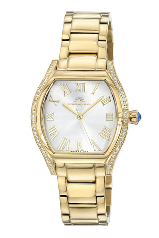 Porsamo Bleu Celine luxury tonneau shaped  women's crystal set bezel stainless steel watch, gold, 1002DCES