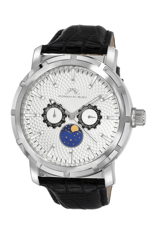 Porsamo Bleu Nycm21 Luxury Moon Phase Mens Genuine Leather Band Watch, Silver, Black With White Guilloche Dial 1201ANYL