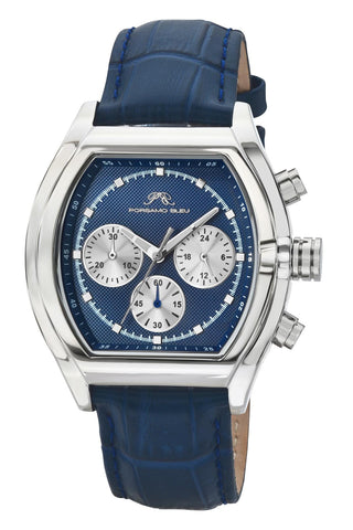 Porsamo Bleu Roman Luxury Men's Genuine Leather Chronograph Watch With Blue Dial, Silver, 1292EROL