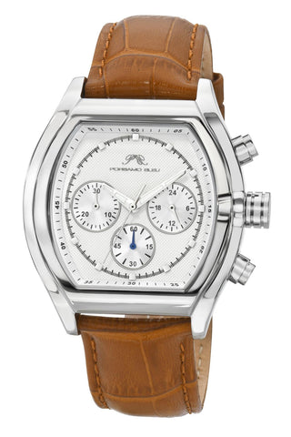 Porsamo Bleu Roman Luxury Men's Genuine Leather Chronograph Watch With White Dial, Silver, Brown, 1292CROL