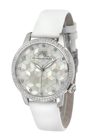 Porsamo Bleu Evelyn luxury topaz women's watch, satin genuine leather band, silver, white 763AEVL