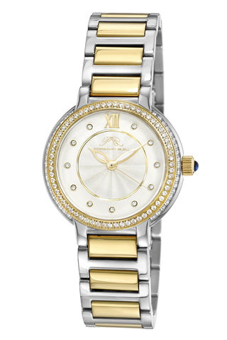 Porsamo Bleu Stella Luxury Crystal Womens Stainless Steel Watch, Two Tone With Silver Guilloche And Sunray Dial 1191DSTS