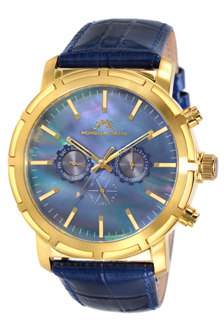 Porsamo Bleu NYC luxury men's watch, genuine leather band, gold, blue 056BNYL