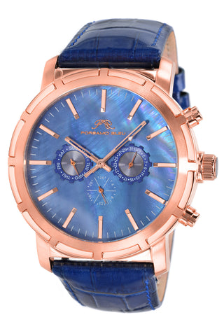 Porsamo Bleu NYC luxury men's watch, genuine leather band, rose, blue 056CNYL