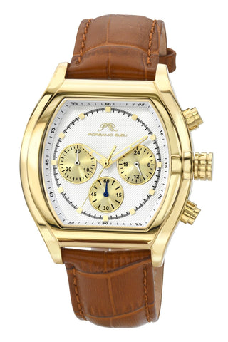 Porsamo Bleu Roman Luxury Men's Genuine Leather Chronograph Watch With White Dial, Gold, Brown, 1292DROL