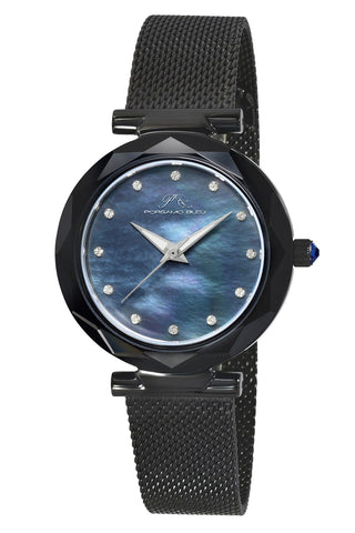 Porsamo Bleu Hazel Luxury Topaz Women's Stainless Steel Watch With Black MOP Dial And Faceted Crystal Bezel, Black, 1272CHAS