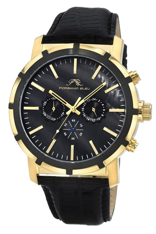 Porsamo Bleu NYC Chrono Luxury Men's Genuine Leather Chronograph Watch With Black MOP Dial, Gold, 1281BNYL