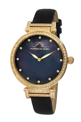 Porsamo Bleu Chantal Luxury Topaz Womens Watch Satin Covered Genuine Leather Gold Black 673BCHL