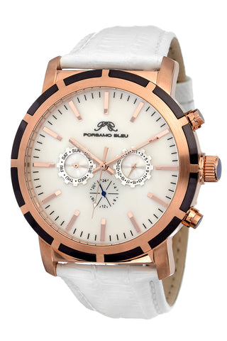 Porsamo Bleu NYC luxury men's watch, genuine leather band, rose, white 052ANYL