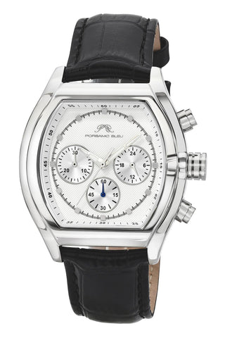 Porsamo Bleu Roman Luxury Men's Genuine Leather Chronograph Watch With White Dial, Silver, Black, 1292AROL