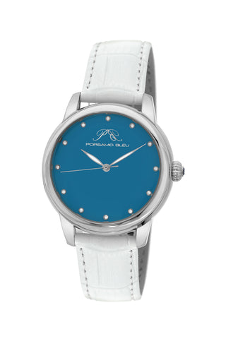 Porsamo Bleu Gemma luxury diamond women's watch, genuine leather band, silver, white, turquoise 731AGEL