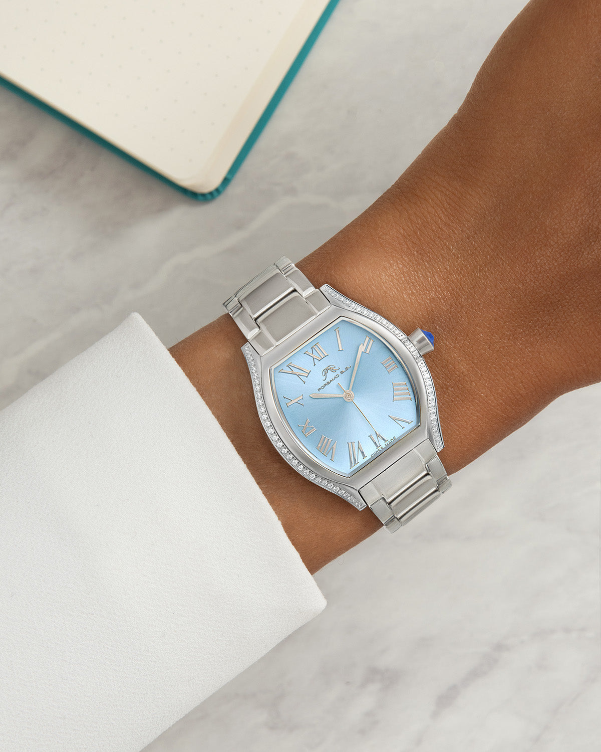 Porsamo Bleu Celine Luxury Tonneau Shaped  Women's Crystal Set Bezel Stainless Steel Watch, Silver, Baby Blue 1002CCES