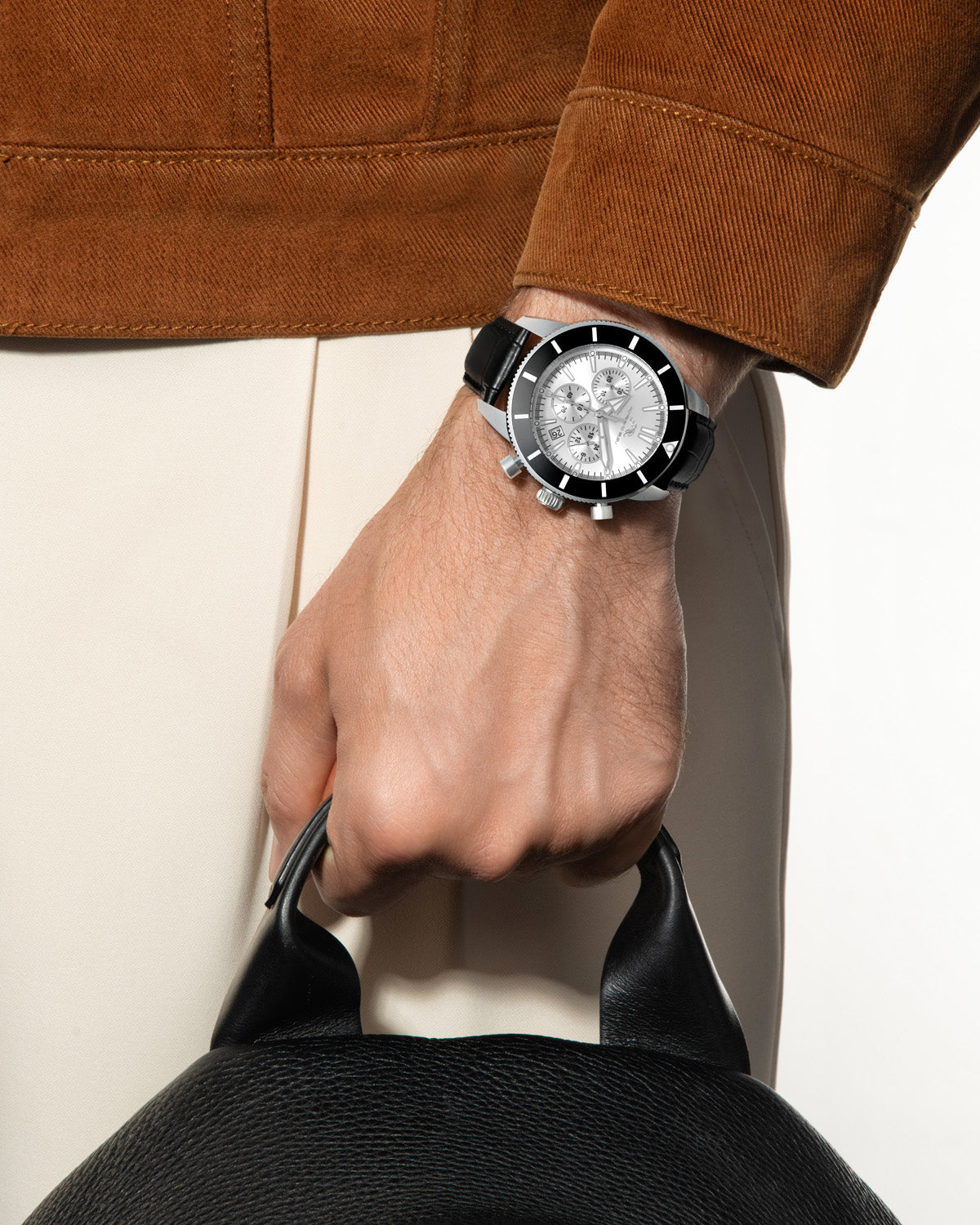 Porsamo Bleu Brandon Luxury Chronograph Men's Genuine Leather Band Watch, Silver, Black 1012BBRL