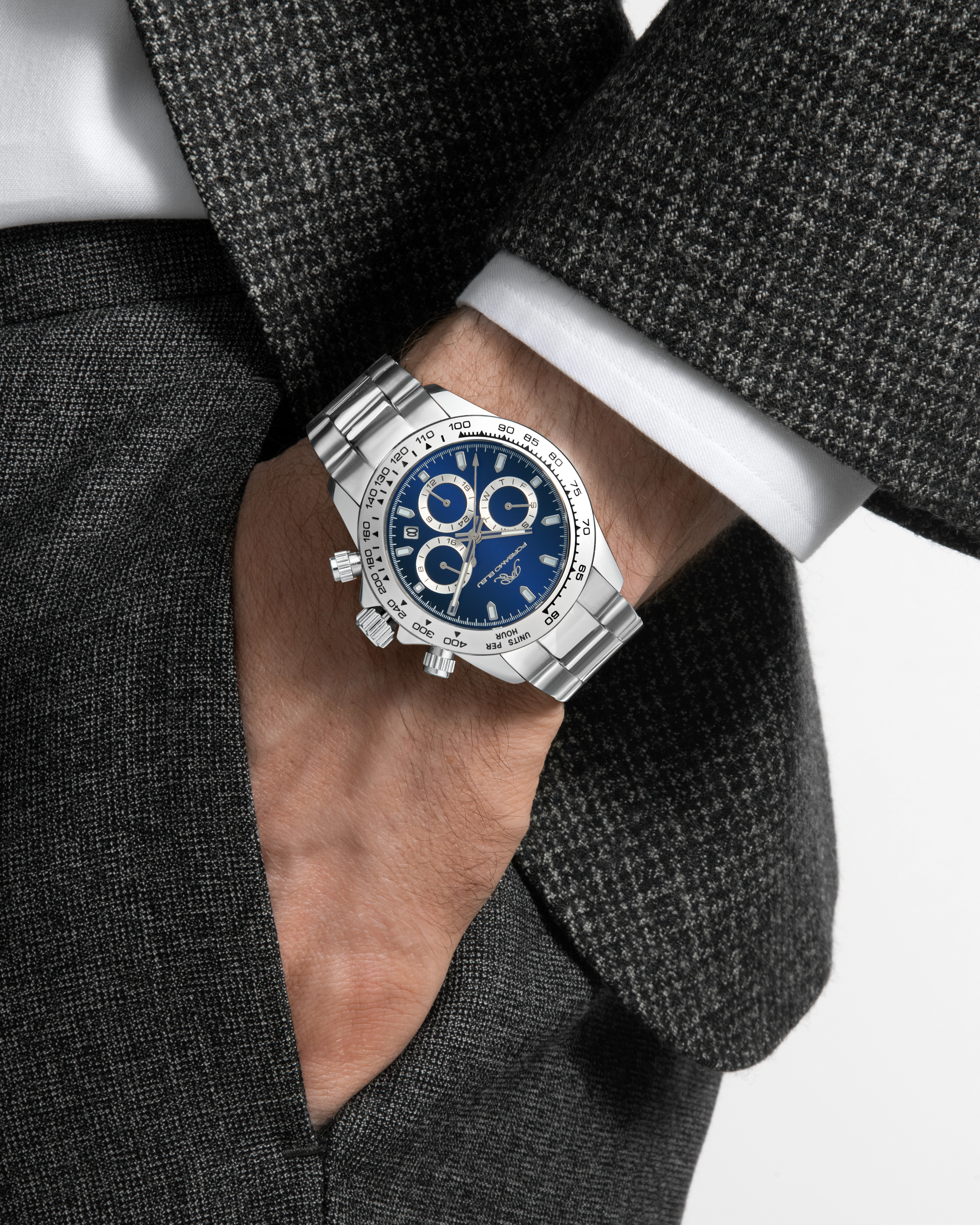 Porsamo Bleu Preston Luxury Multifunction Men's Stainless Steel Watch, Silver, Blue 1033APRS