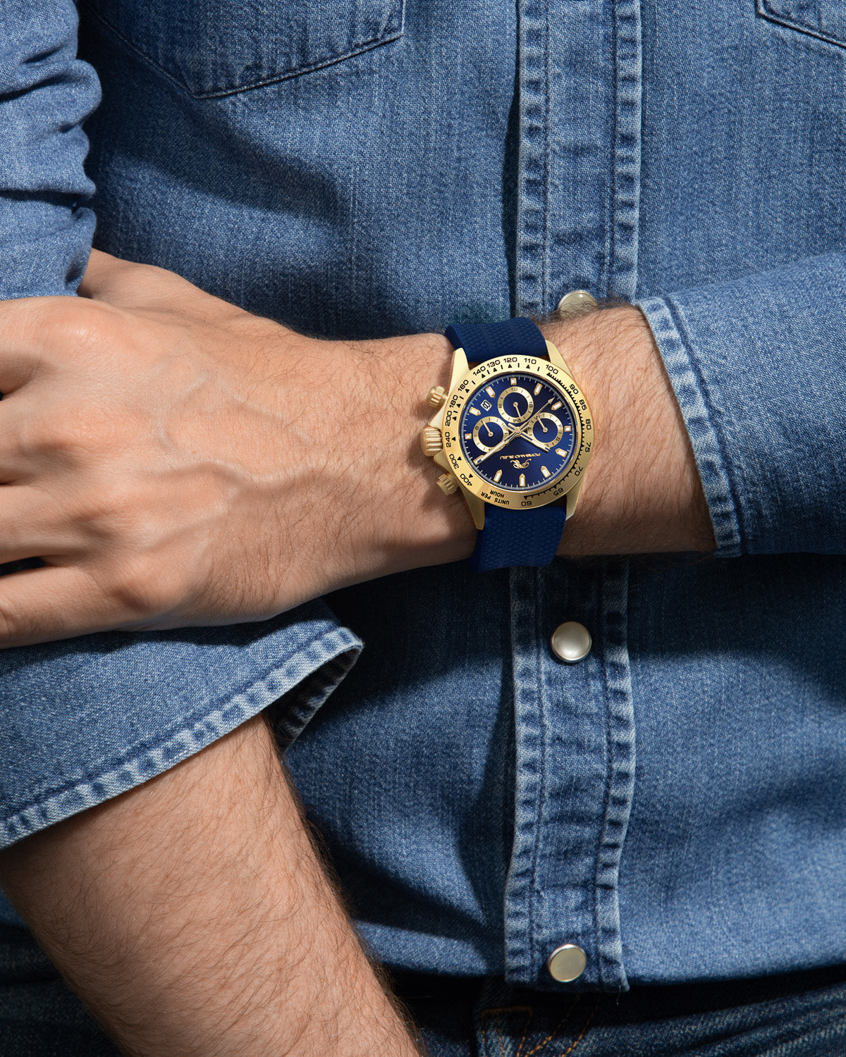 Porsamo Bleu Preston Sport Luxury Multifunction Men's Silicone Watch, Gold And Blue 1034BPRR