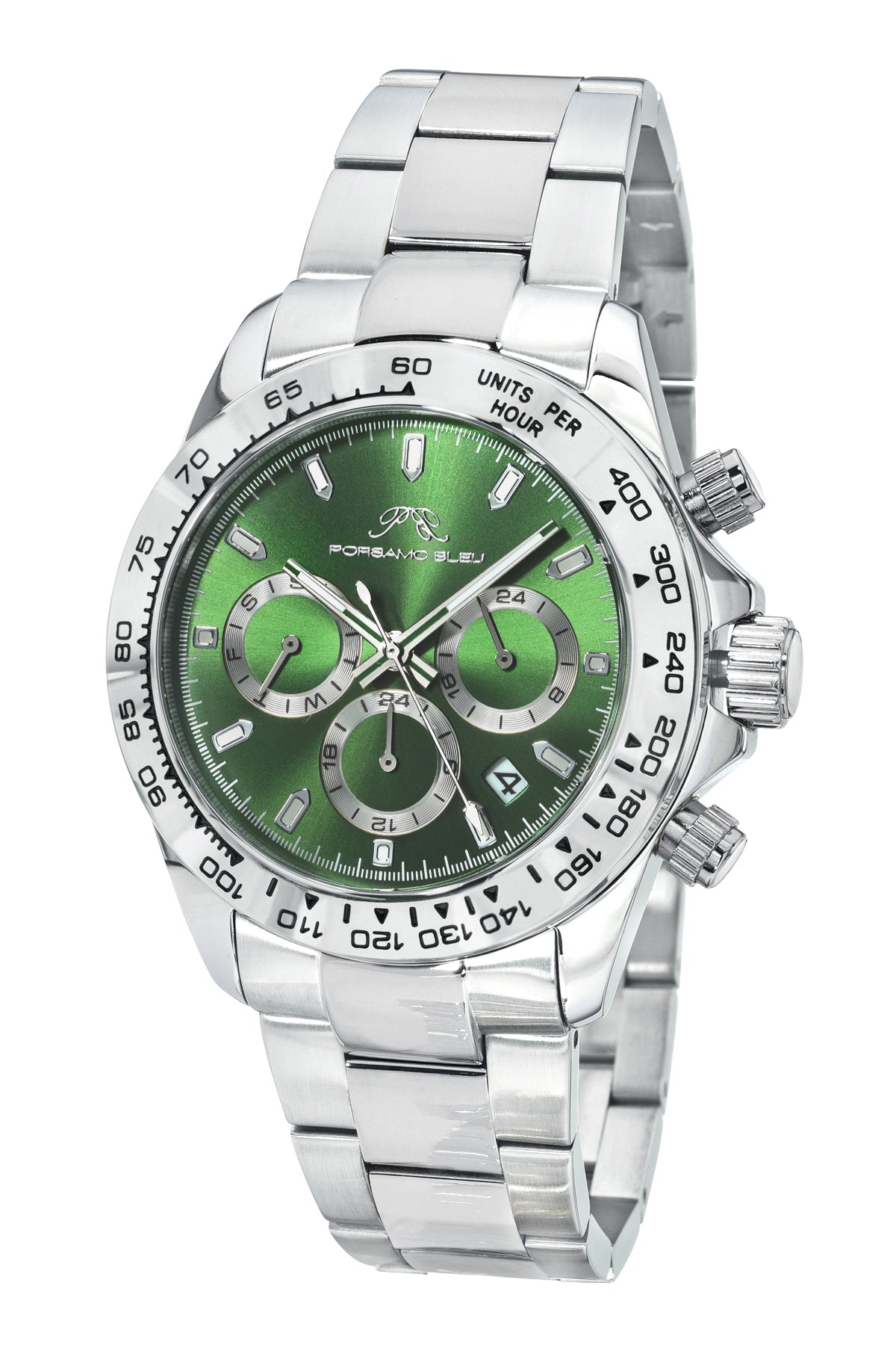 Porsamo Bleu Preston Luxury Multifunction Men's Stainless Steel Watch, Silver, Green 1035APRS