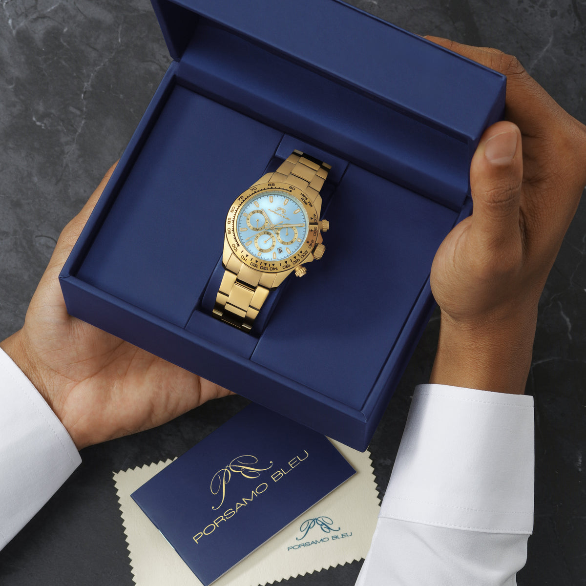 Porsamo Bleu Preston Luxury Multifunction Men's Stainless Steel Watch, Gold, Ice Blue 1036BPRS