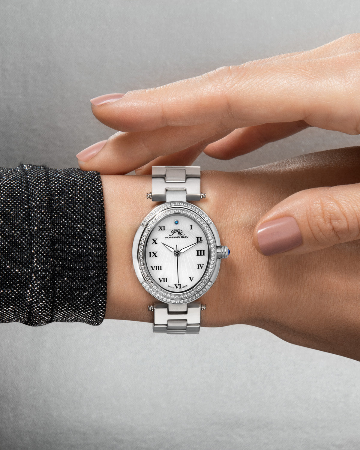 Porsamo Bleu South Sea Oval Crystal Luxury Women's Stainless Steel Watch, Silver 106ESSO