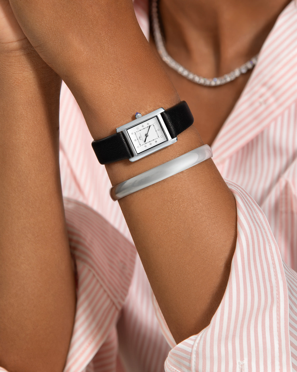 Porsamo Bleu Karolina Luxury Diamond Rectangular Women's Genuine Leather Band Watch, Silver, Black 1081AKAL
