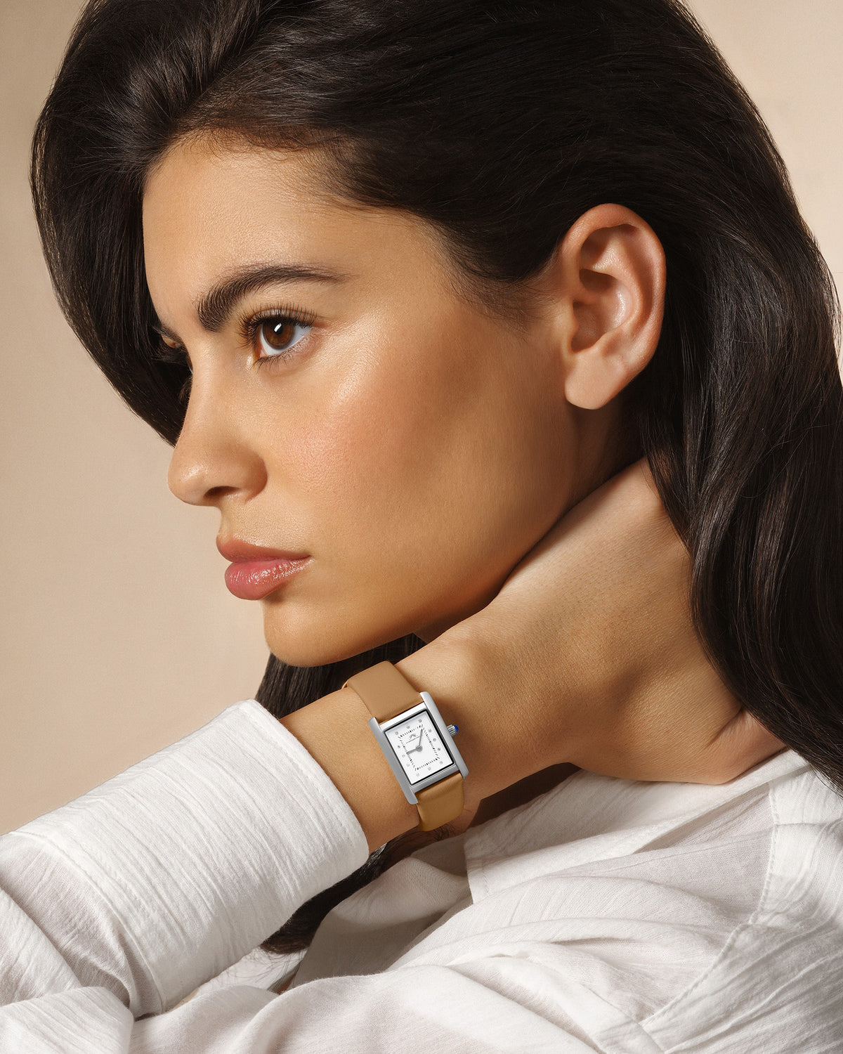 Porsamo Bleu Karolina Luxury Diamond Rectangular Women's Genuine Leather Band Watch, Silver, Cognac 1081CKAL