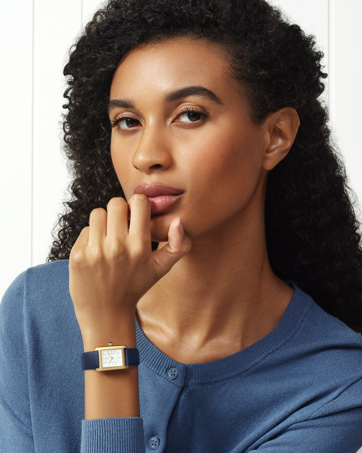 Porsamo Bleu Karolina Luxury Diamond Rectangular Women's Genuine Leather Band Watch, Gold, Blue 1082BKAL