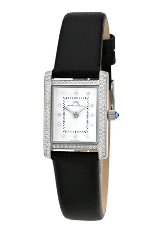 Porsamo Bleu Karolina luxury diamond topaz rectangular women's genuine leather band watch, silver, black 1083AKAL