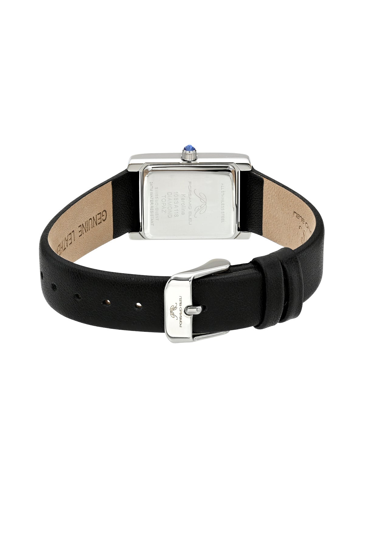 Porsamo Bleu Karolina Luxury Diamond And Topaz Rectangular Women's Genuine Leather Band Watch, Silver, Black 1083AKAL
