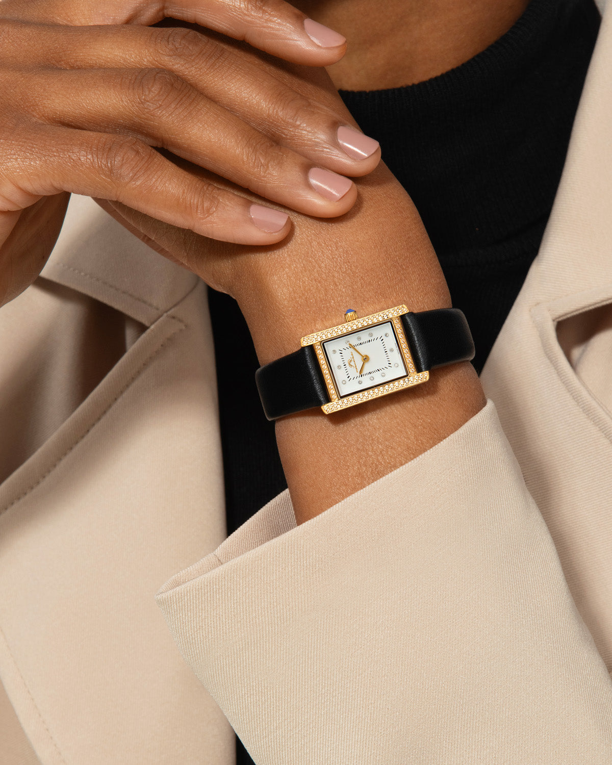 Porsamo Bleu Karolina Luxury Diamond And Topaz Rectangular Women's Genuine Leather Band Watch, Gold, Black 1084AKAL