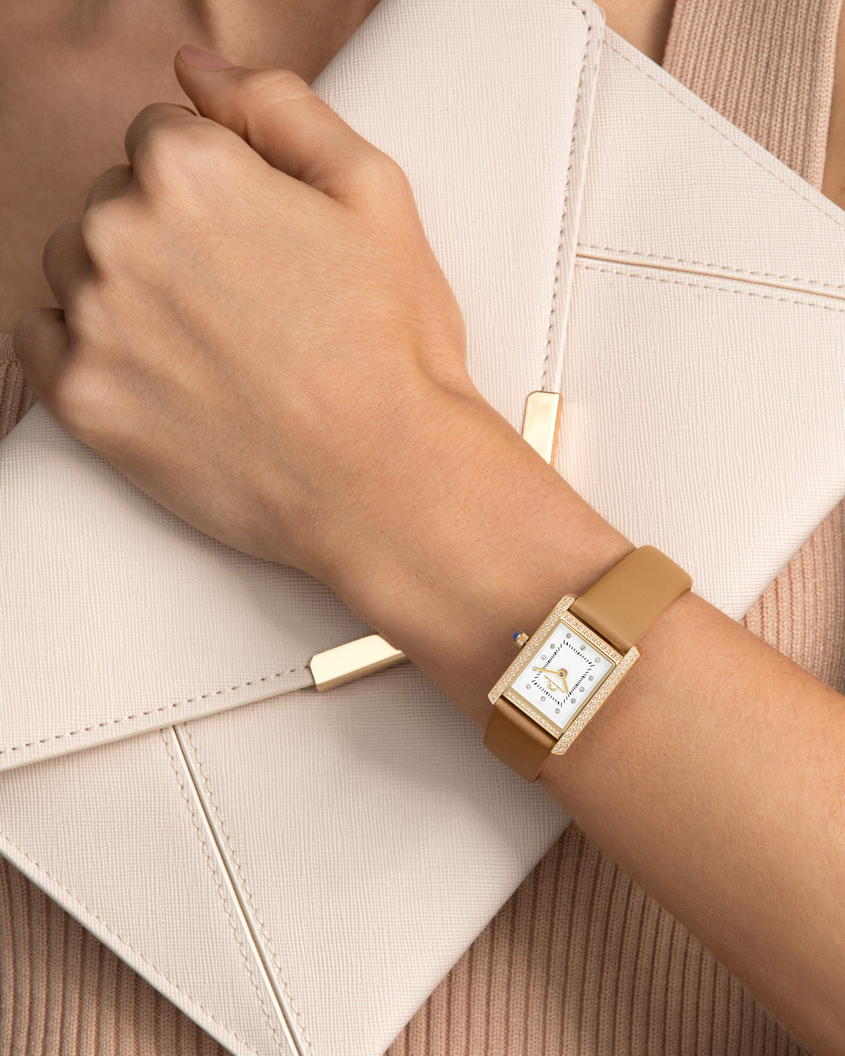 Porsamo Bleu Karolina Luxury Diamond And Topaz Rectangular Women's Genuine Leather Band Watch, Gold, Cognac 1084CKAL