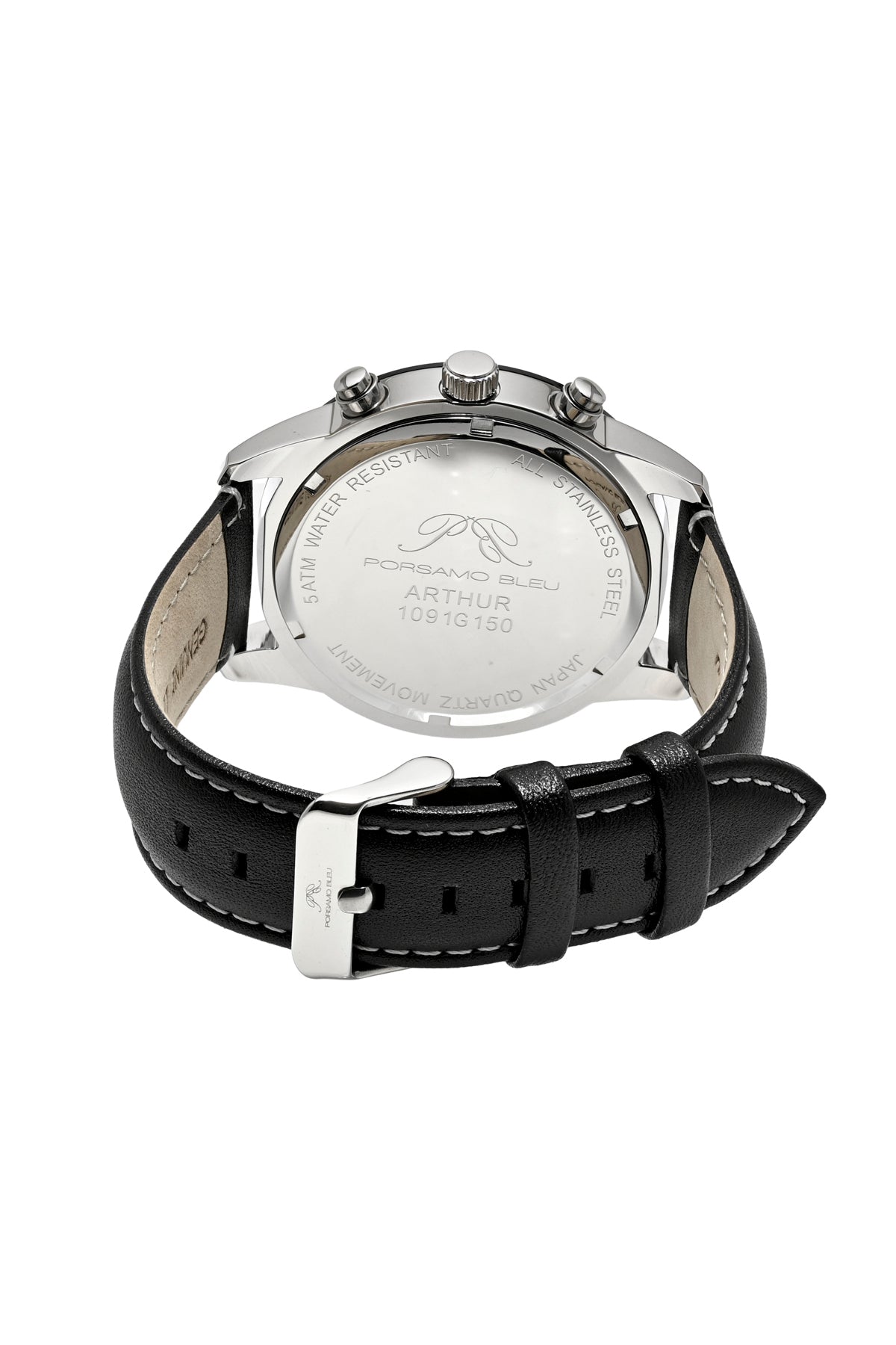 Porsamo Bleu Arthur Luxury Chronograph Men's Genuine Leather Band Watch, Silver, Black, Blue 1091GARL