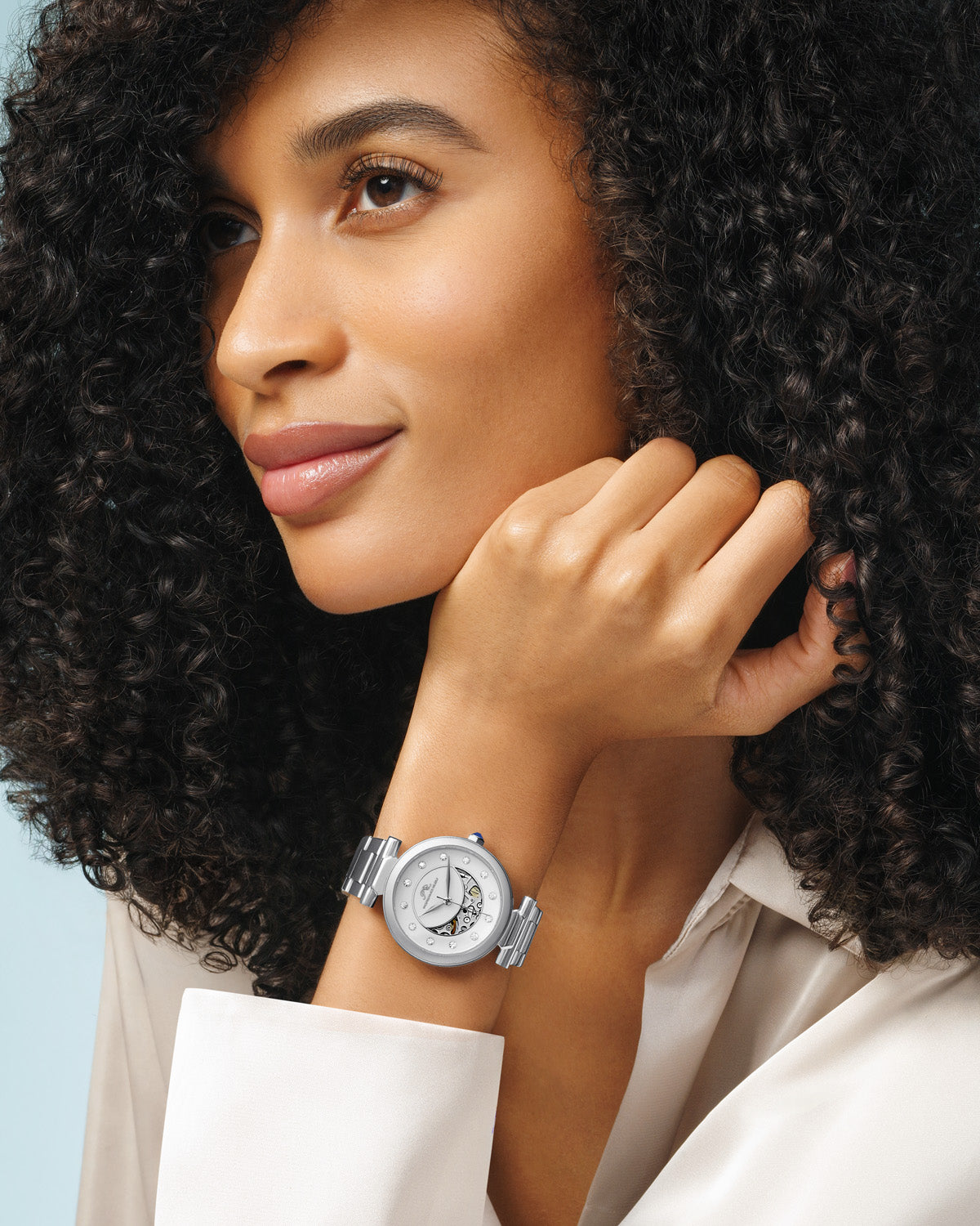 Porsamo Bleu Colette Luxury Automatic Women's Stainless Steel Watch And Topaz Gem Hour Markers, Silver, White 1103ACOS