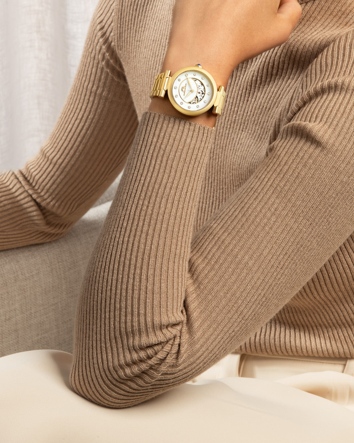 Porsamo Bleu Colette Luxury Automatic Women's Stainless Steel Watch With Topaz Gem Hour Markers, Gold, White 1103BCOS