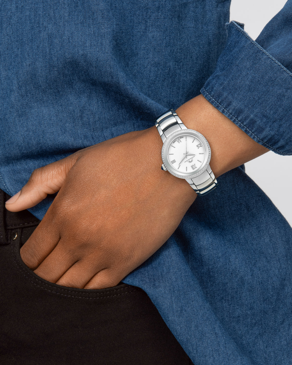 Porsamo Bleu Luna Luxury Topaz Women's Stainless Steel Watch, Silver, White Enamel Dial 1181ELUS