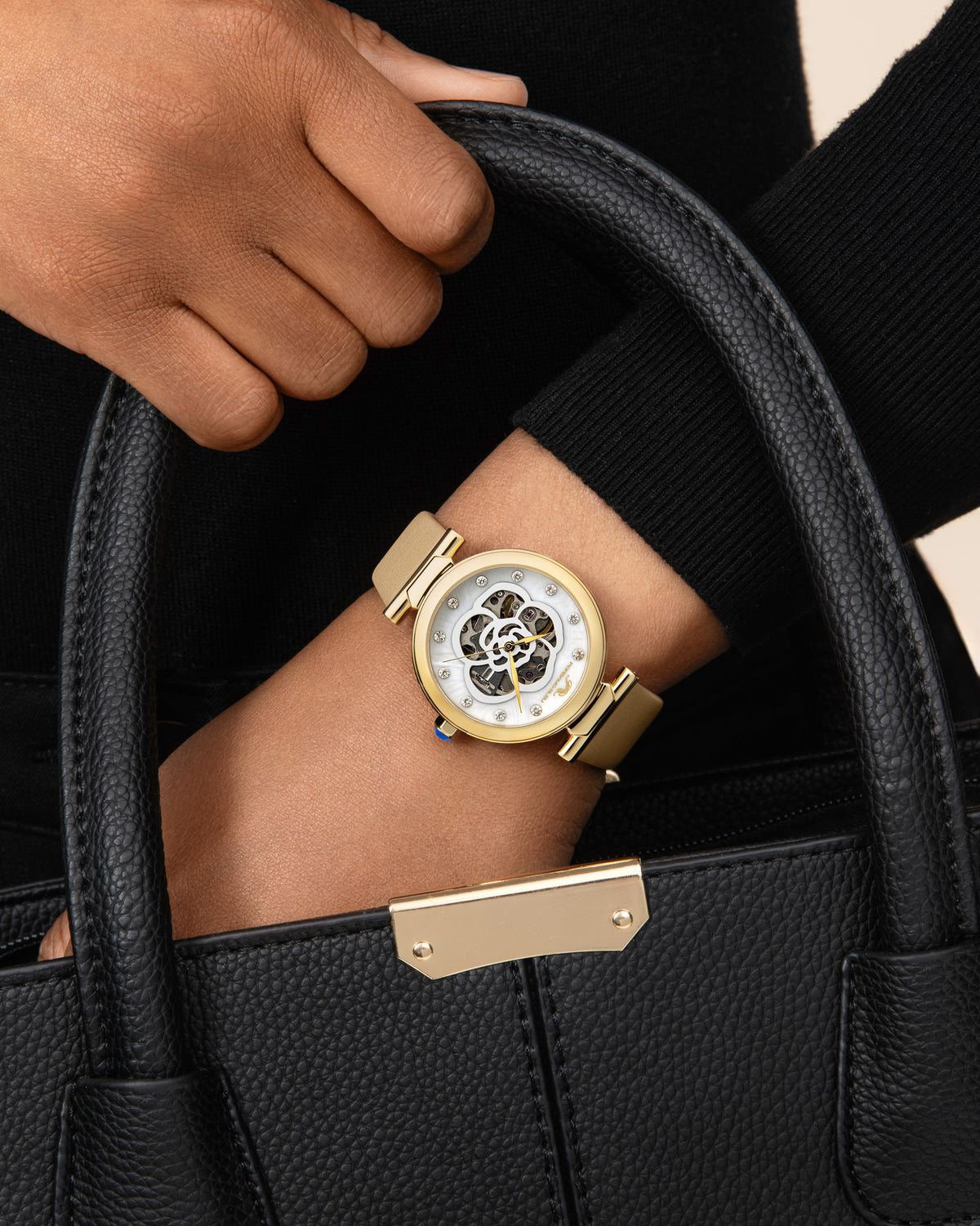 Porsamo Bleu Laura Luxury Automatic Topaz Women's Genuine Leather Band Watch, With Mother Of Pearl Skeleton Dial, Gold, Beige 1212BLAL