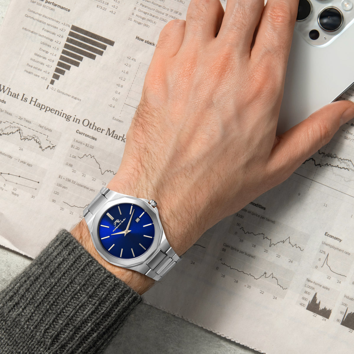 Porsamo Bleu Alexander Luxury Men's Stainless Steel Watch, With Blue Sunray Dial, Silver, Blue 1232AALS