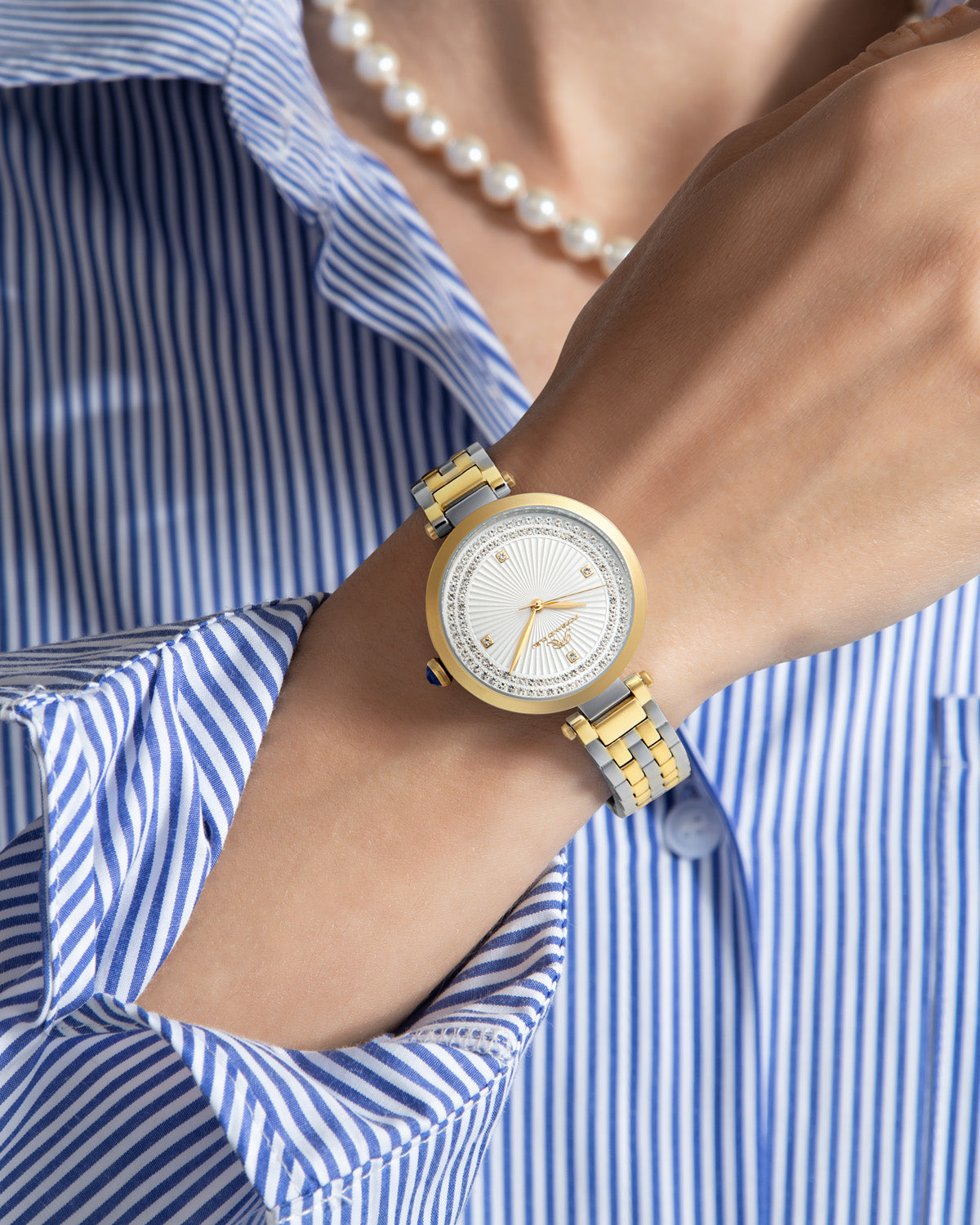Porsamo Bleu Natalie Luxury Crystal Women's Stainless Steel Watch, With White Guilloche Dial, Two-Tone, 1251DNAS