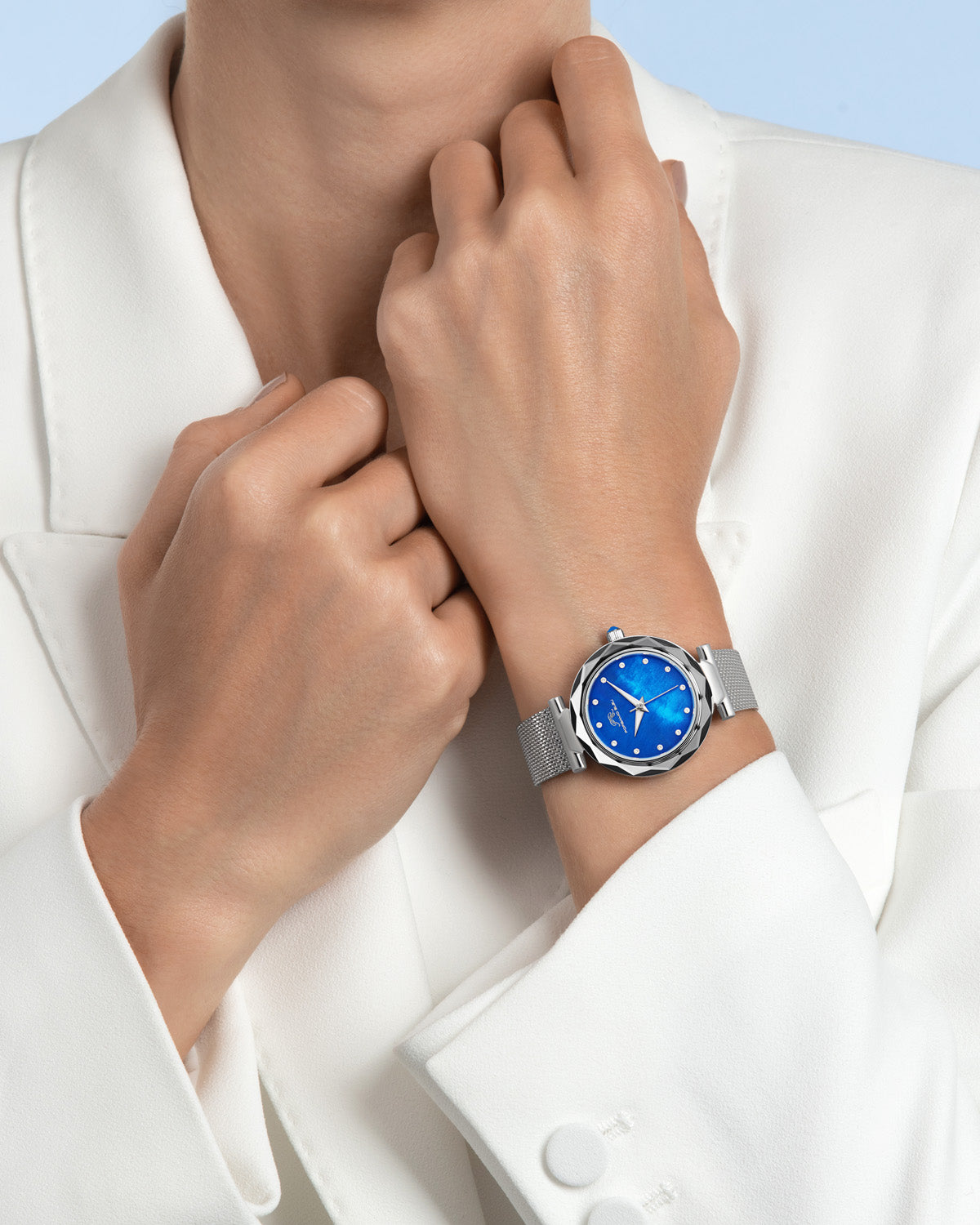 Porsamo Bleu Hazel Luxury Topaz Women's Stainless Steel Watch With Blue MOP Dial And Faceted Crystal Bezel, Silver, 1272AHAS