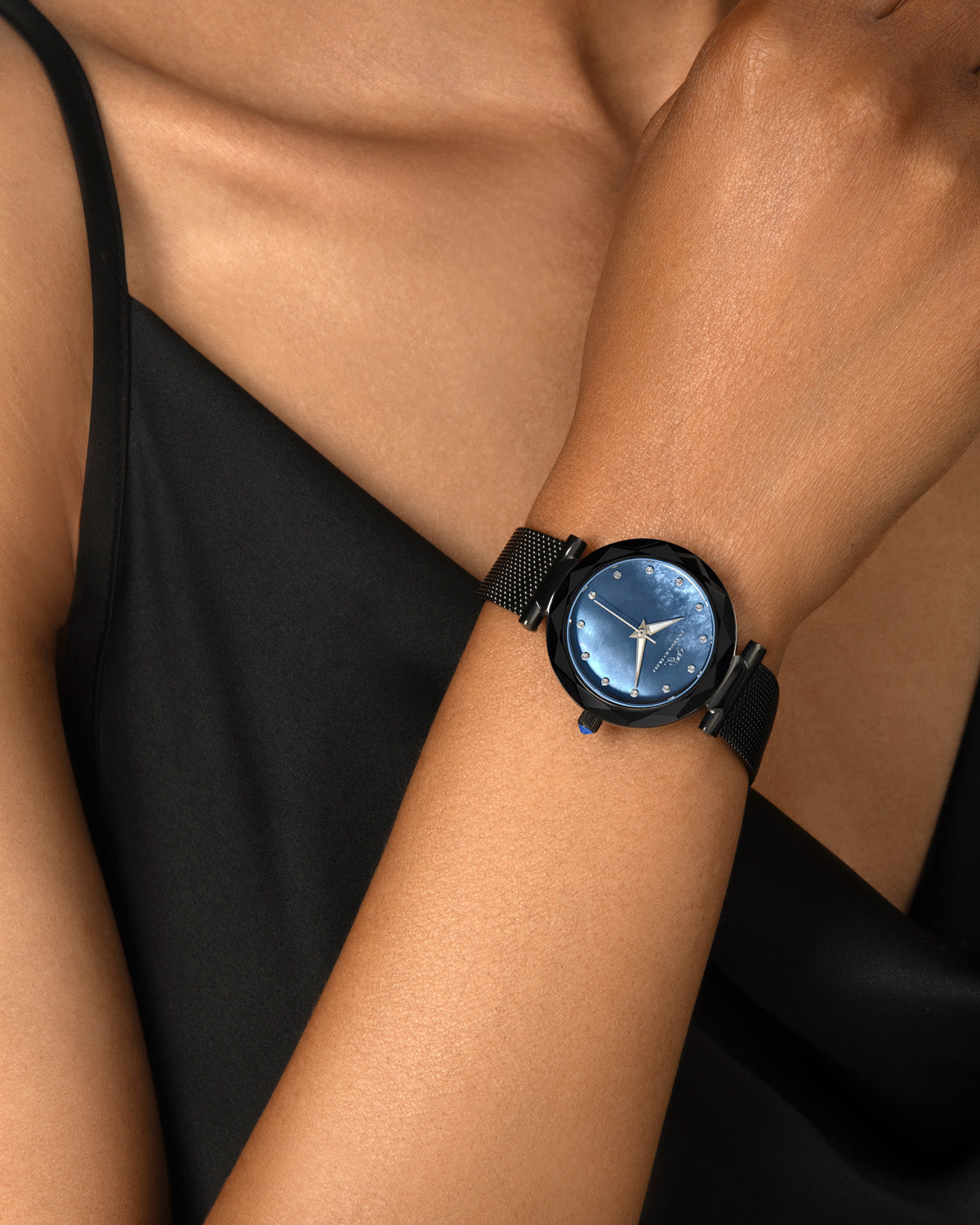 Porsamo Bleu Hazel Luxury Topaz Women's Stainless Steel Watch With Black MOP Dial And Faceted Crystal Bezel, Black, 1272CHAS
