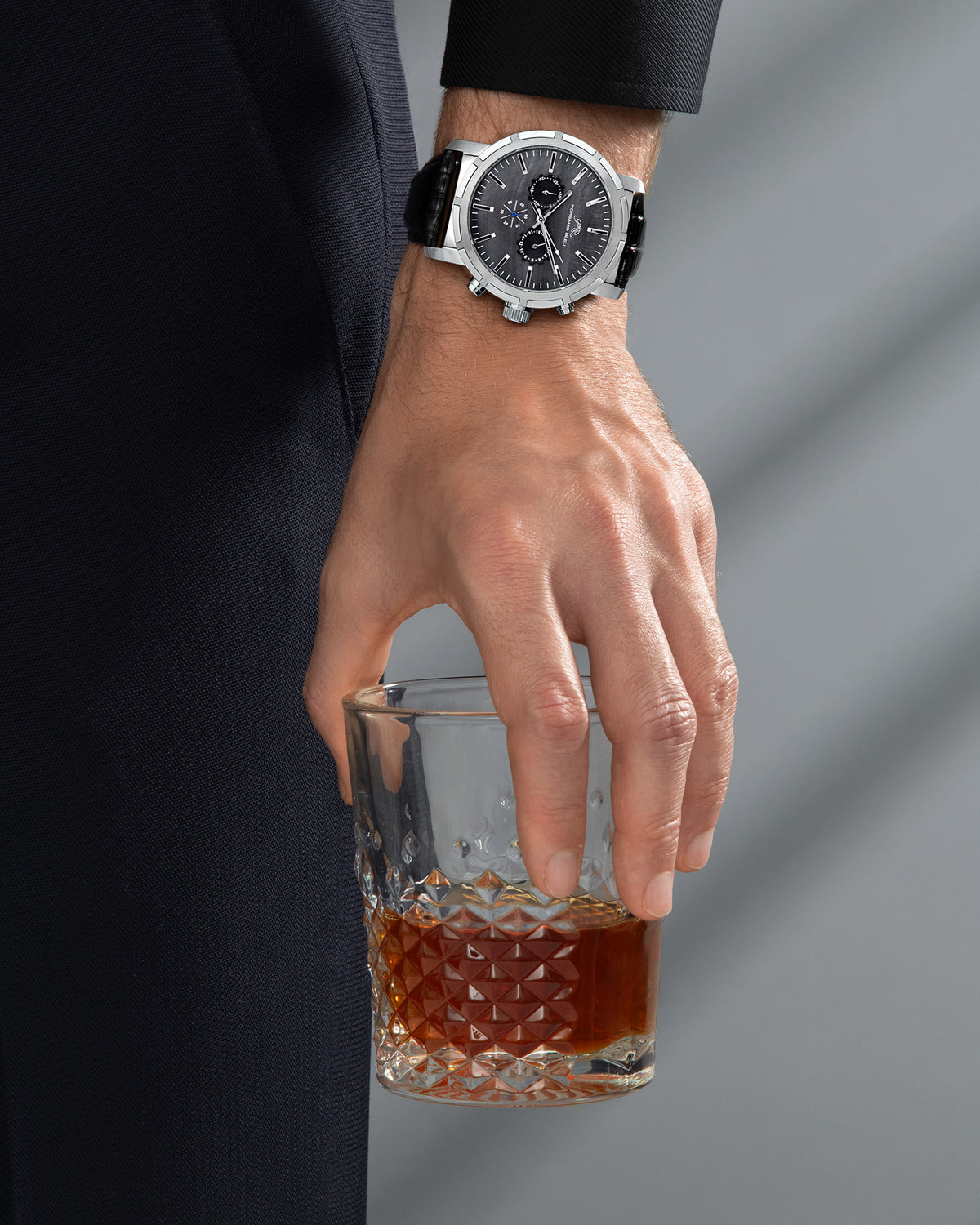 Porsamo Bleu NYC Chrono Luxury Men's Genuine Leather Chronograph Watch With Black MOP Dial, Silver, 1281ANYL