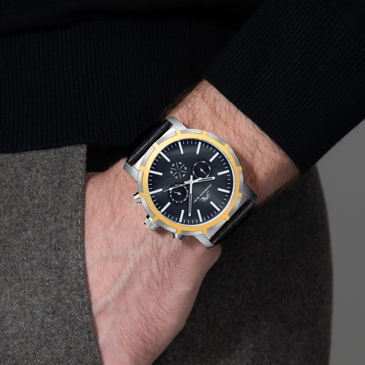 Porsamo Bleu NYC Chrono Luxury Men's Genuine Leather Chronograph Watch With Black MOP Dial, Two-tone, 1281DNYL