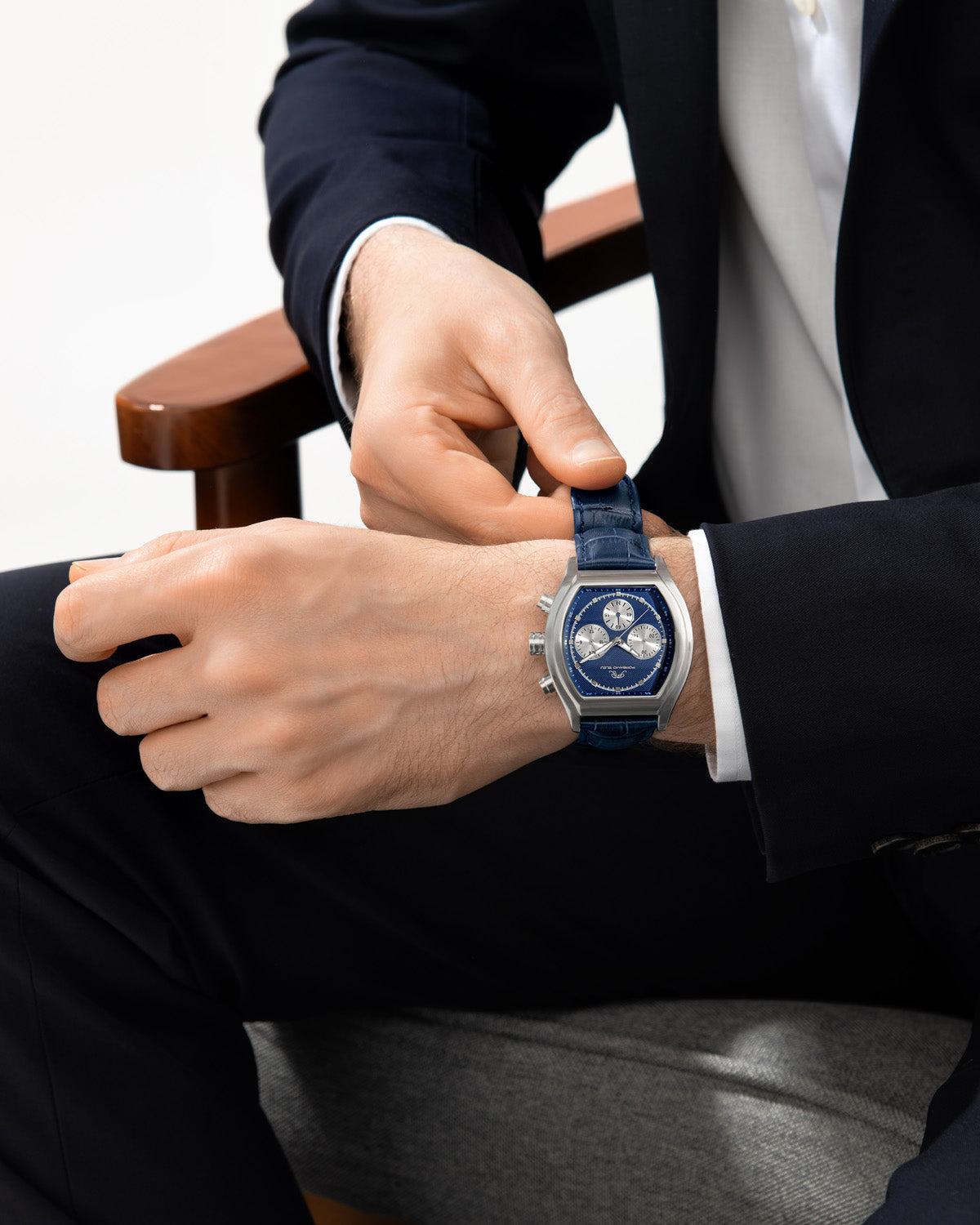 Porsamo Bleu Roman Luxury Men's Genuine Leather Chronograph Watch With Blue Dial, Silver, 1292EROL