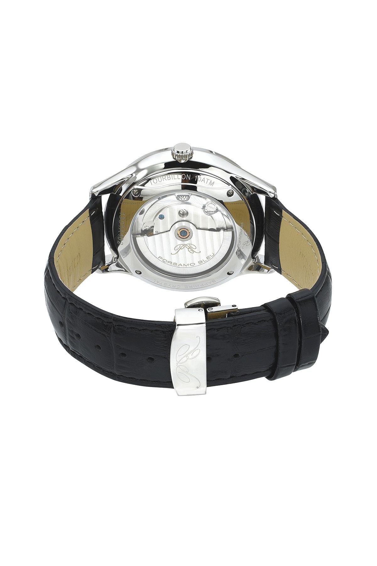 Porsamo Bleu William Luxury Automatic Tourbillon Topaz Men's Watch With Genuine Leather Band And White Dial, Black, Silver, 1301AWIL