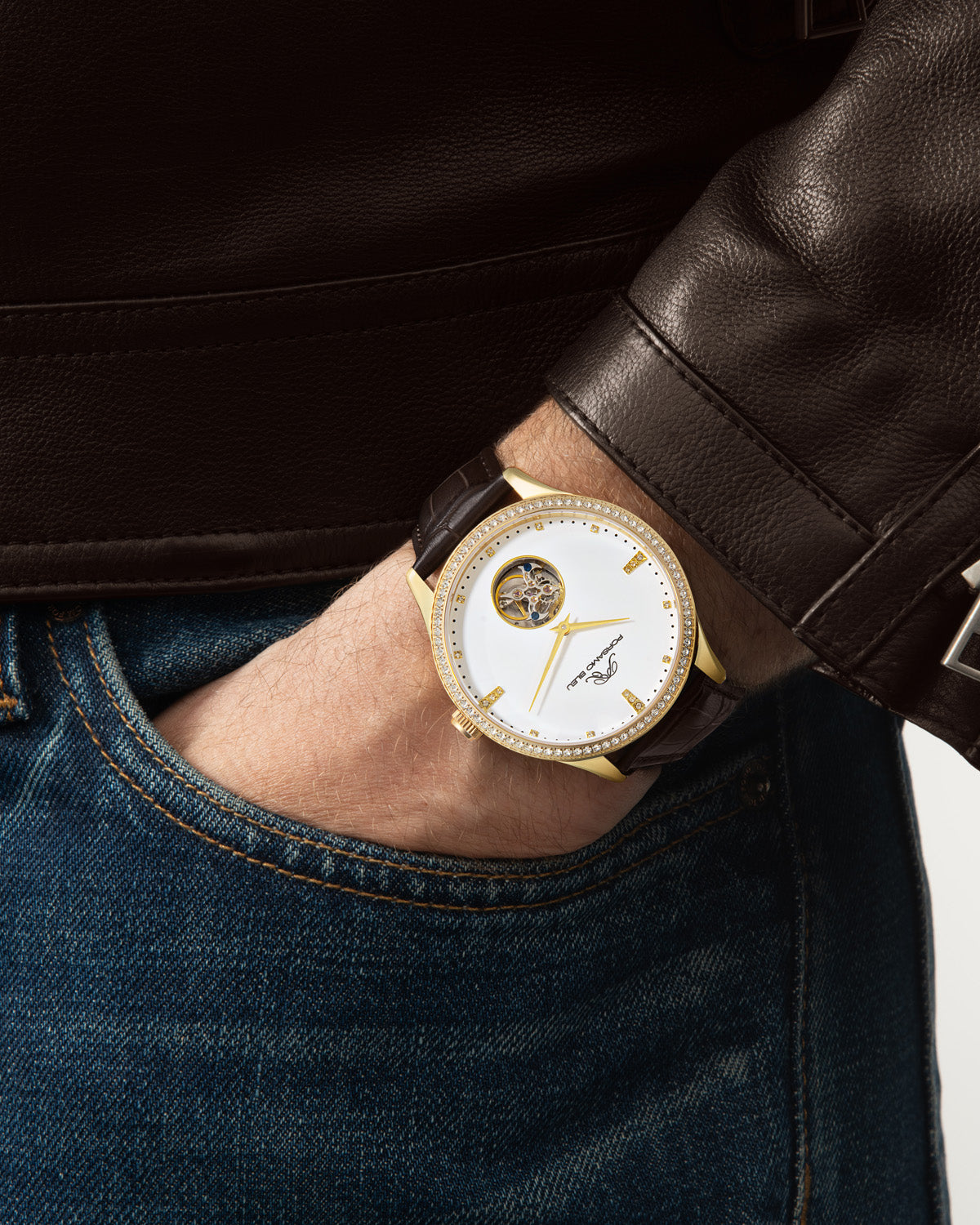 Porsamo Bleu William Luxury Automatic Tourbillon Topaz Men's Watch With Genuine Leather Band And White Dial, Brown, Gold, 1301BWIL
