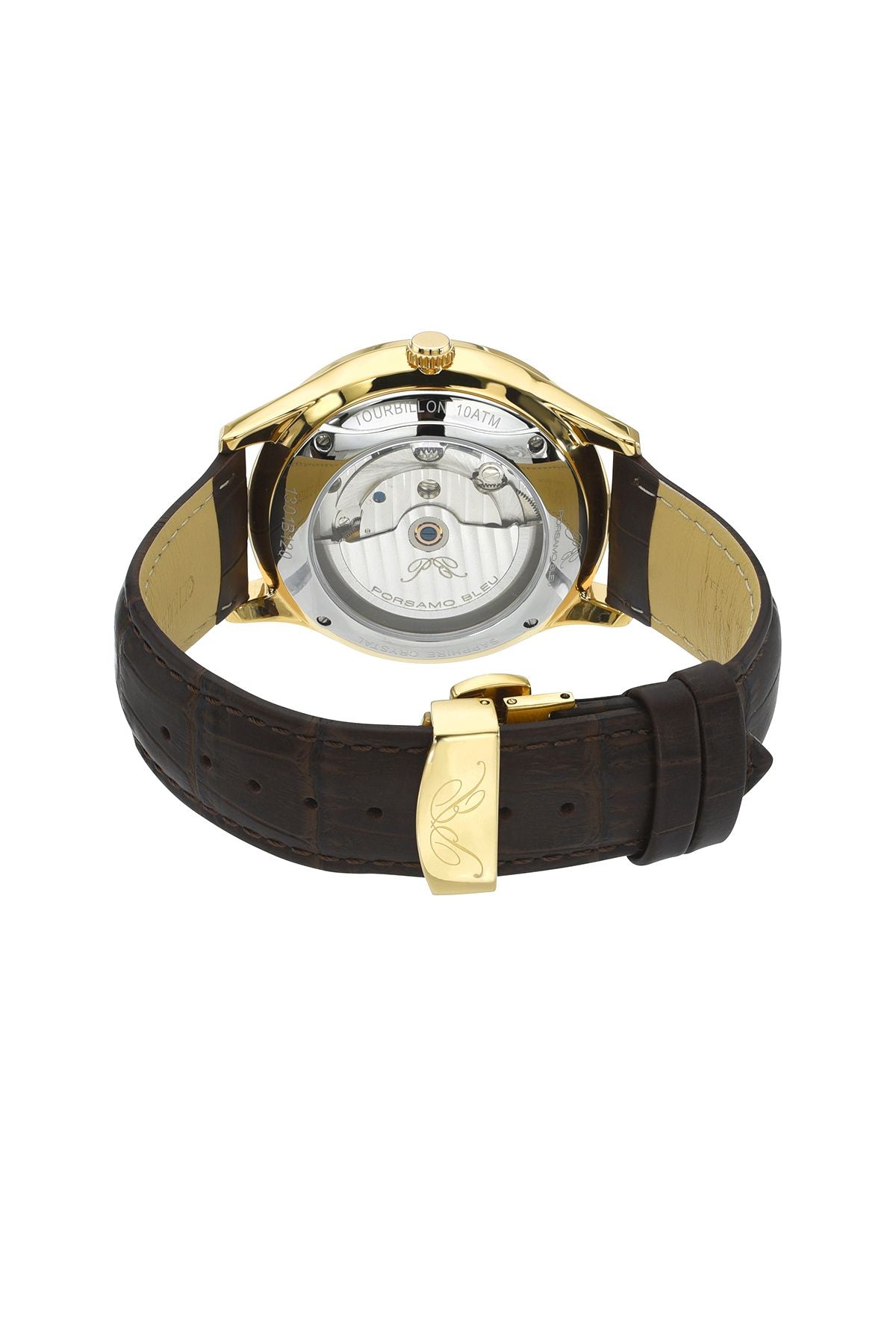 Porsamo Bleu William Luxury Automatic Tourbillon Topaz Men's Watch With Genuine Leather Band And White Dial, Brown, Gold, 1301BWIL