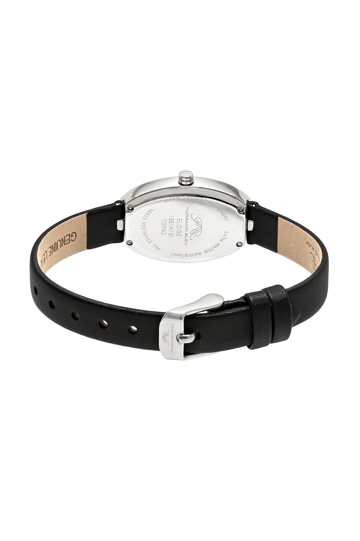 Porsamo Bleu Eloise Luxury Women's Oval And Topaz Genuine Leather Band Watch, Silver Tone, Black 1351AELL