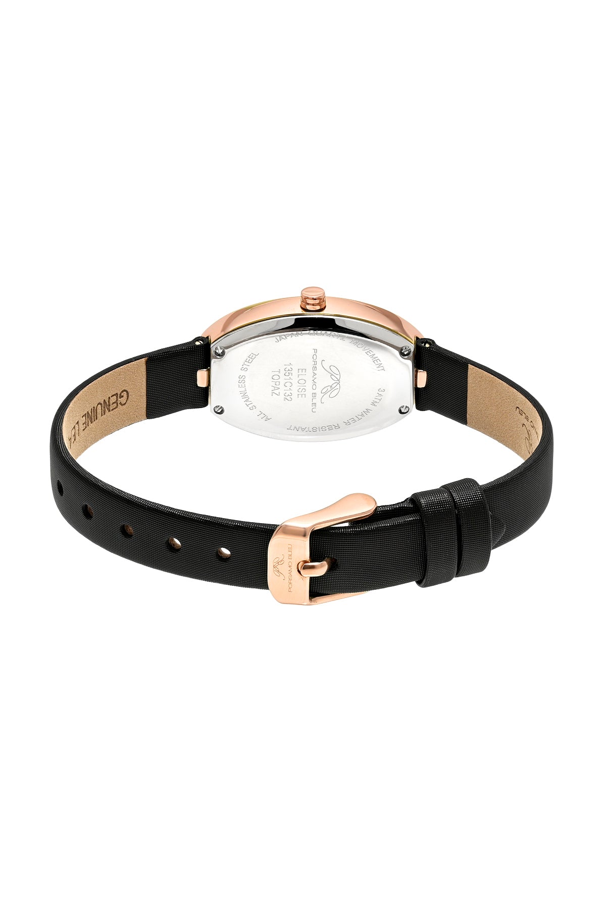 Porsamo Bleu Eloise Luxury Women's Oval And Topaz Genuine Leather Band Watch, Rose Tone, Black 1351CELL