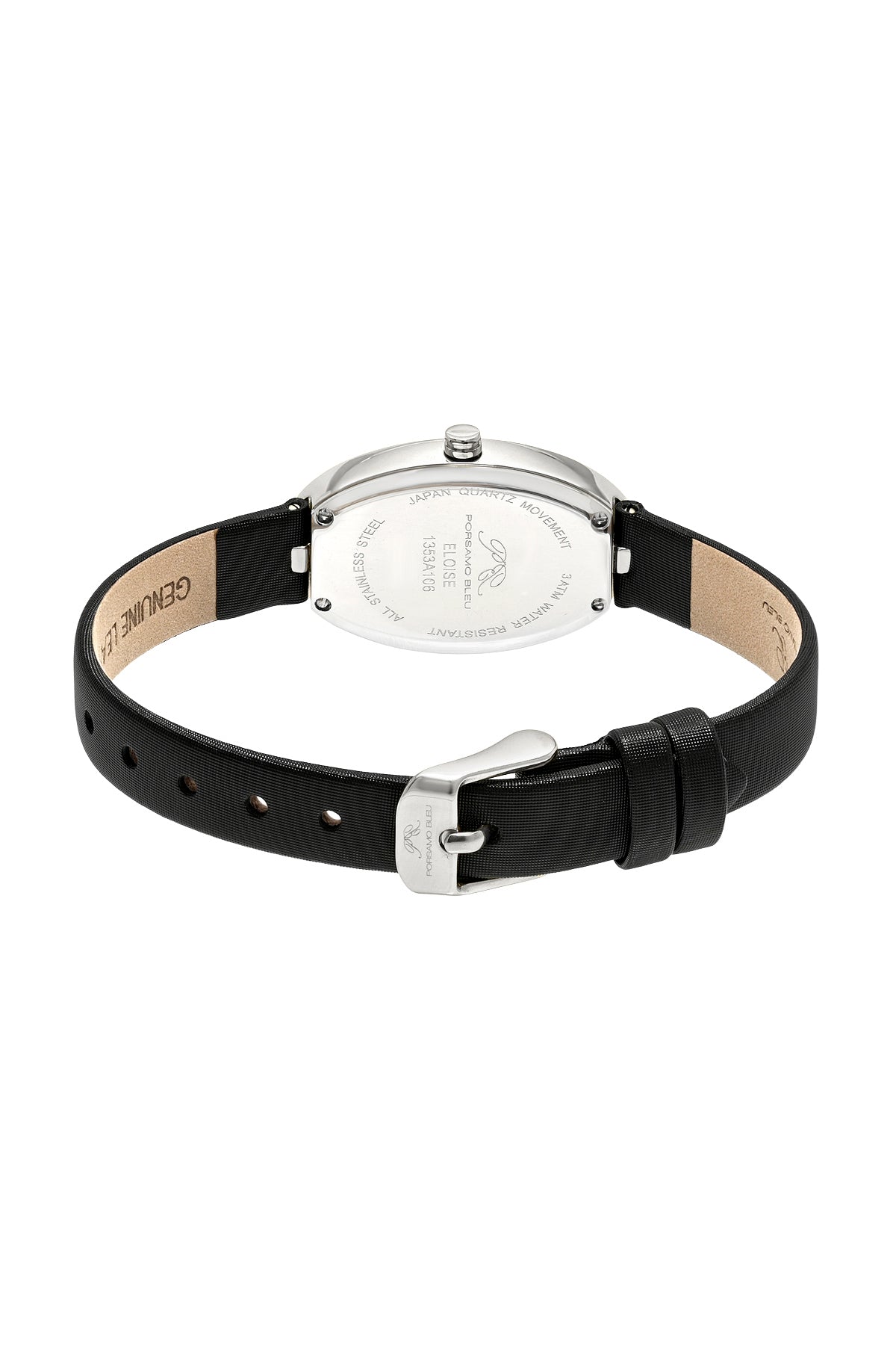 Porsamo Bleu Eloise Luxury Women's Oval Genuine Leather Band Watch, Silver Tone, Black 1353AELL
