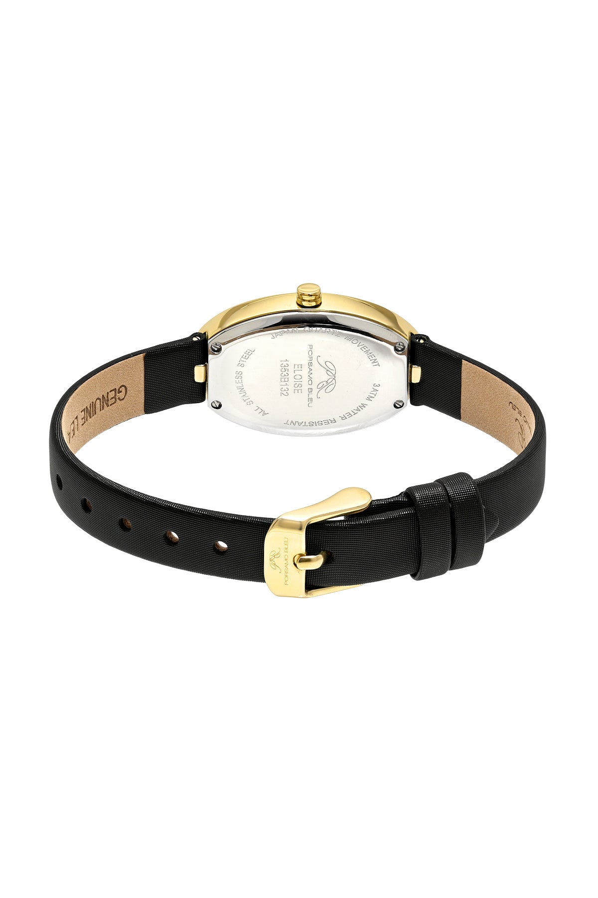 Porsamo Bleu Eloise Luxury Women's Oval Genuine Leather Band Watch, Gold Tone, Black 1353BELL