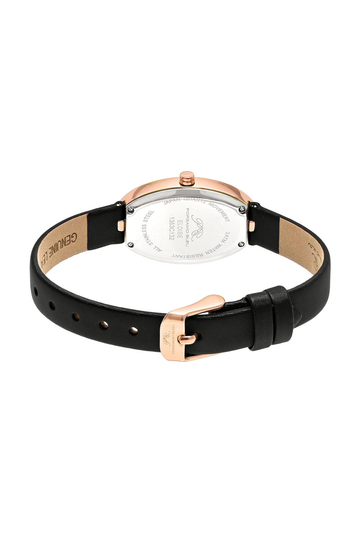 Porsamo Bleu Eloise Luxury Women's Oval Genuine Leather Band Watch, Rose Tone, Black 1353CELL