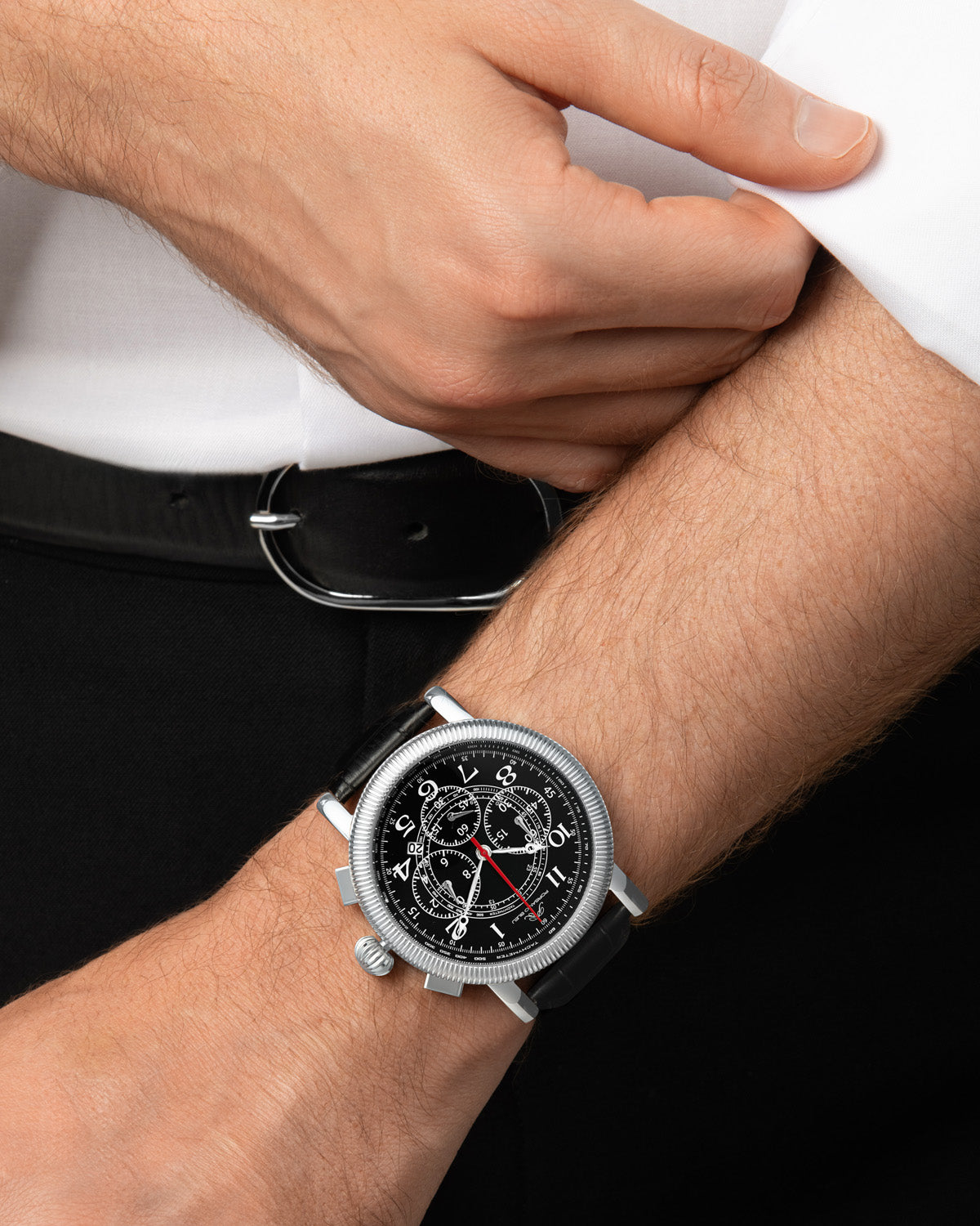 Porsamo Bleu Phileas Luxury Chronograph Men's Watch, Genuine Leather Band Silver Black 472APHL
